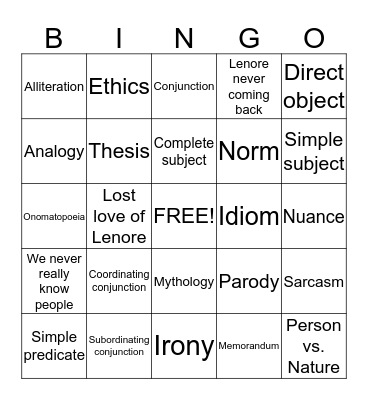 9th Grade English Review Bingo Card