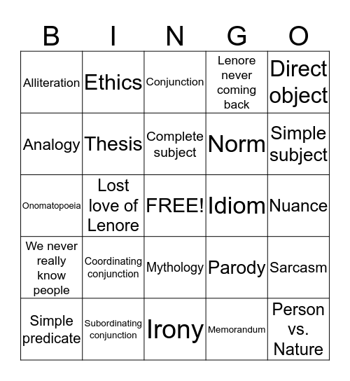 9th Grade English Review Bingo Card