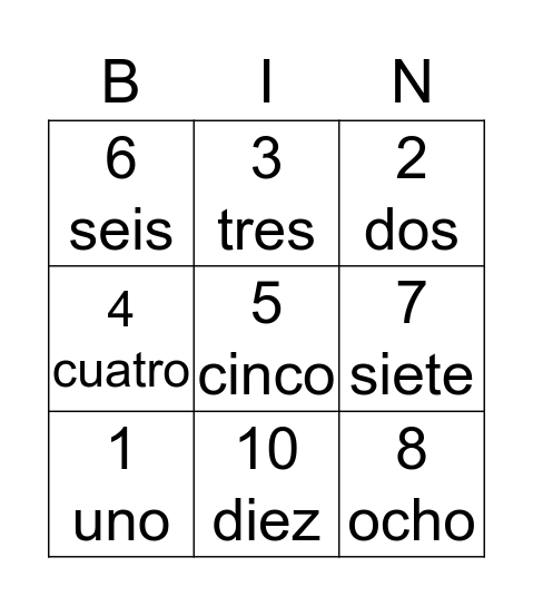 Los Números Bingo Card