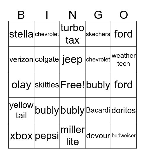 Superbowl Commercial BINGO Card