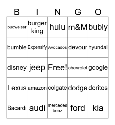 Superbowl Commercial BINGO Card