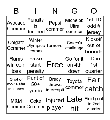 Jeffery Super Bowl Bingo Card