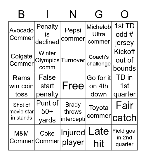 Jeffery Super Bowl Bingo Card