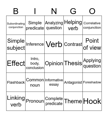 10th Grade English Review Bingo Card