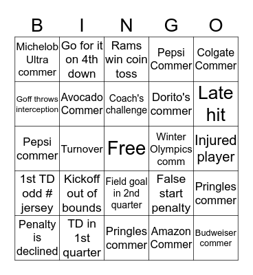 Jeffery Super Bowl Bingo Card