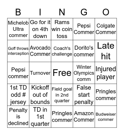 Jeffery Super Bowl Bingo Card