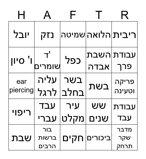 Parshas Mishpatim Bingo Card