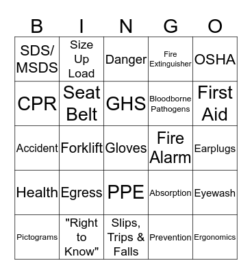 Safety Bingo Card