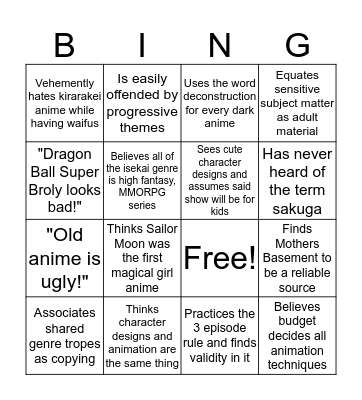 Ignorant Anime Fan Bingo Card