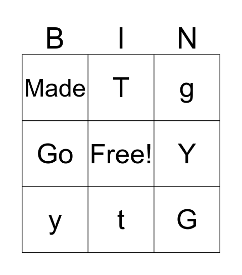 y, t, g Bingo Card