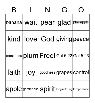 Fruit of the Spirit  Bingo Card