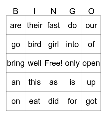 Sight Words Bingo Card