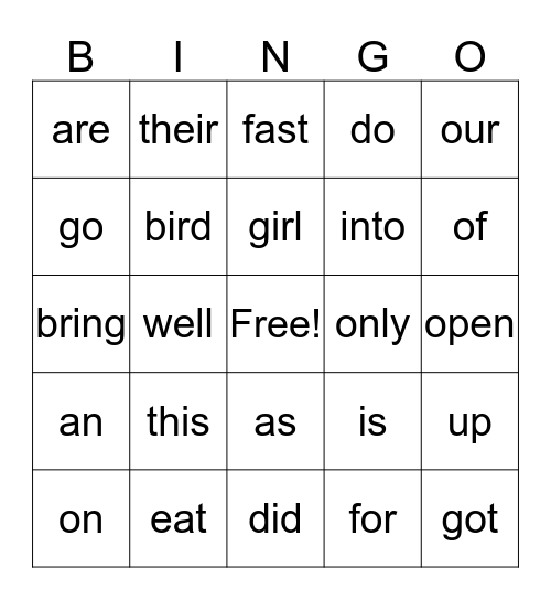 Sight Words Bingo Card