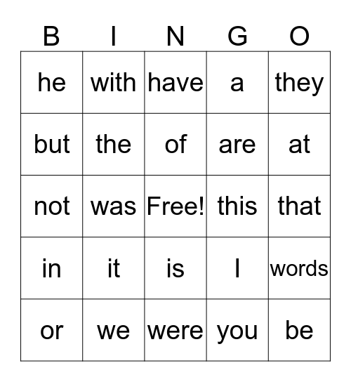 Sight Word BINGO Card