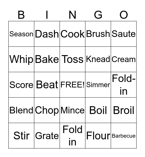 Cooking Terms  Bingo Card