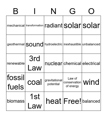 Energy! Bingo Card