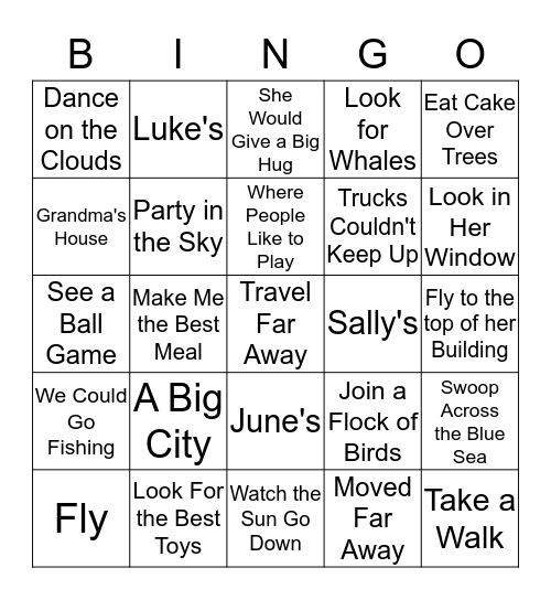If I Could Fly Bingo Card