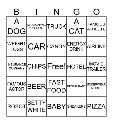 SuperBowl COMMERCIAL Bingo Card