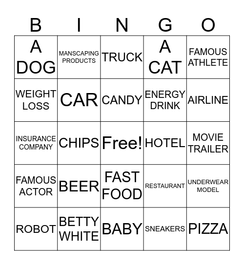 SuperBowl COMMERCIAL Bingo Card