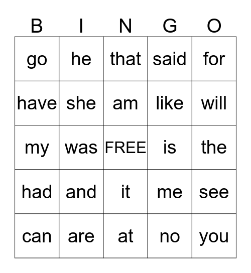 Kindergarten Sight Words Bingo Card