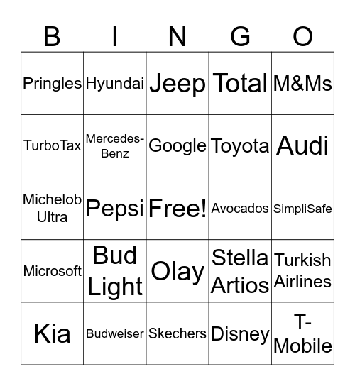 Super Bowl Ad Bingo Card