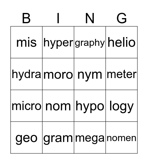 Word part Bingo Card