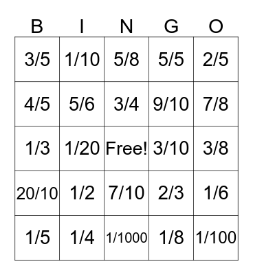 Fraction Bingo Card