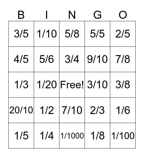 Fraction Bingo Card