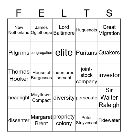 13 Colonies Vocab Bingo Card