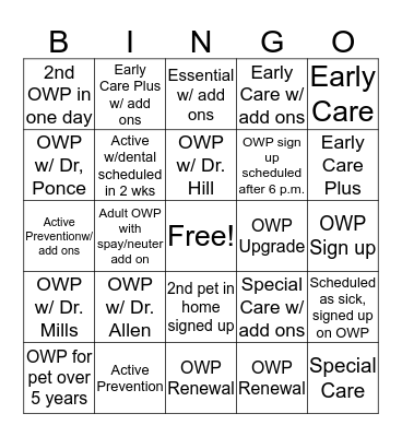 Douglasville OWP Bingo Champion Bingo Card