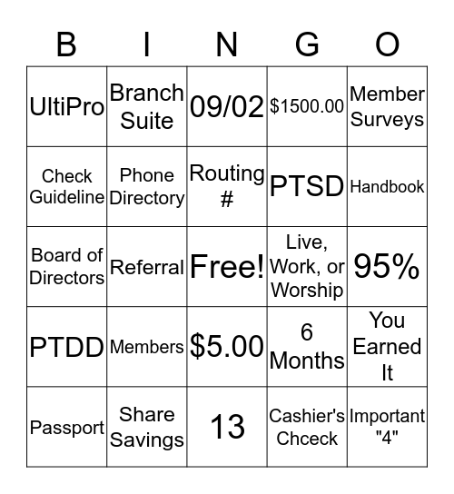 Branch New Hire Bingo Card