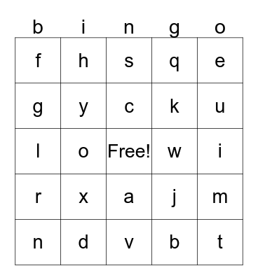 Lowercase Letters Bingo Card