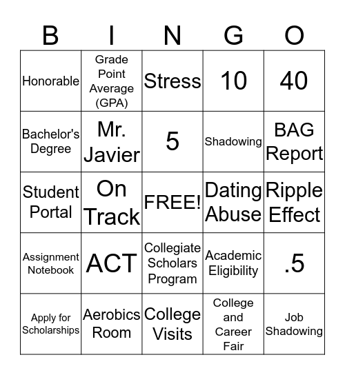 AHS Freshman Advisory BINGO Card