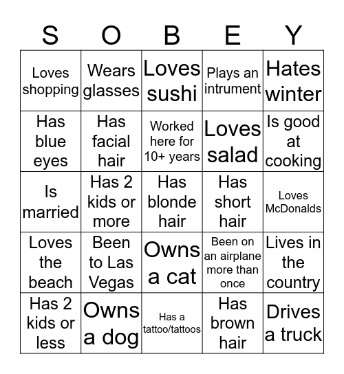 Sobeys Bingo Card