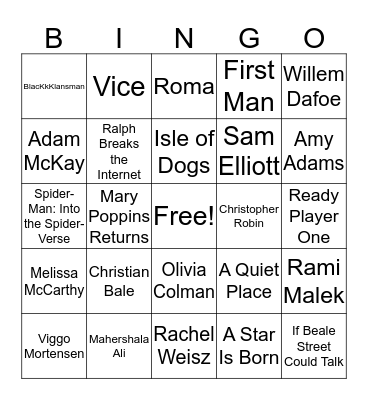 2019 Oscars BINGO Card