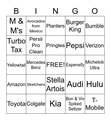 SUPERBOWL COMMERCIAL BINGO Card