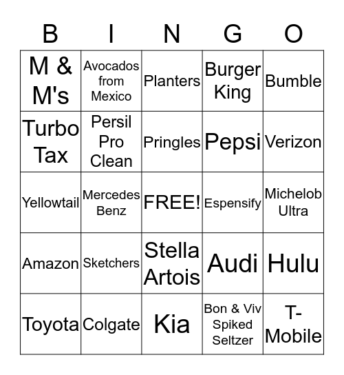 SUPERBOWL COMMERCIAL BINGO Card