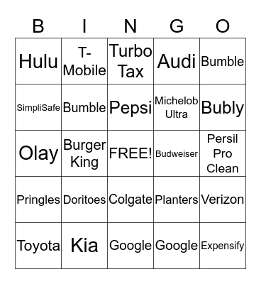 SUPERBOWL COMMERCIAL BINGO Card