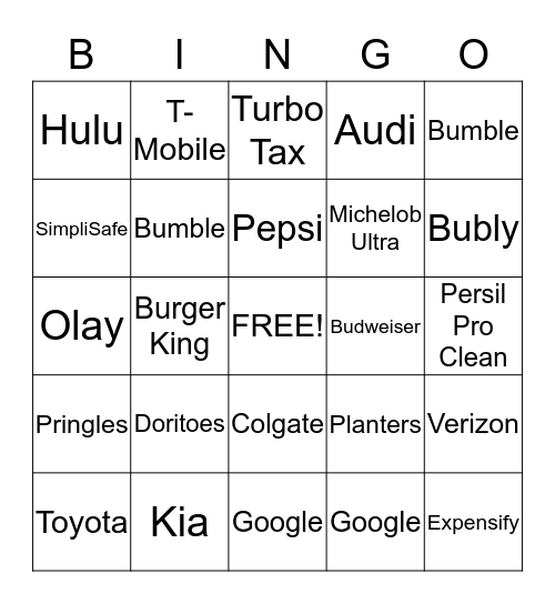 SUPERBOWL COMMERCIAL BINGO Card