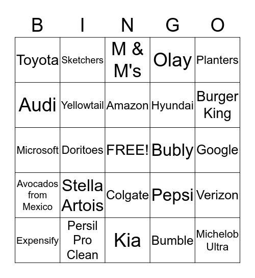 SUPERBOWL COMMERCIAL BINGO Card