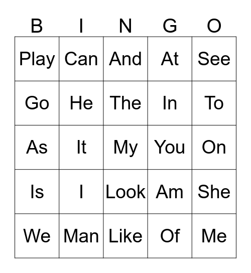 Sight Word Bingo Card