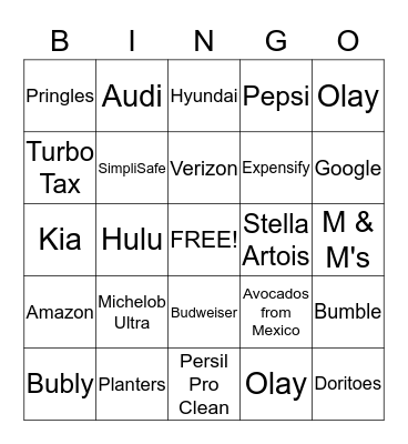 SUPERBOWL COMMERCIAL BINGO Card