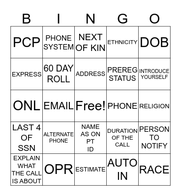 Preregistration Bingo Card