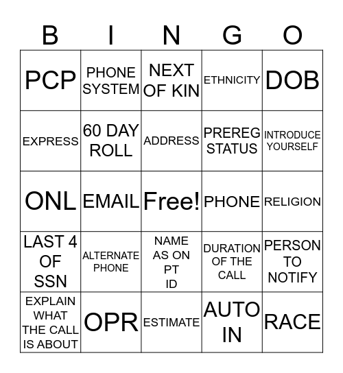 Preregistration Bingo Card