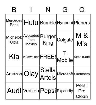 SUPERBOWL COMMERCIAL BINGO Card