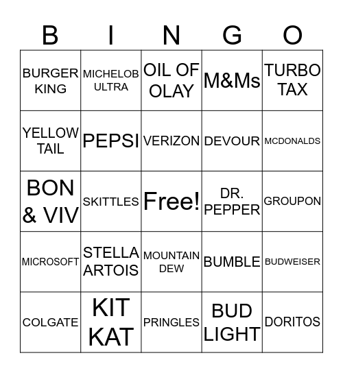 SUPER BOWL COMMERCIALS BINGO Card