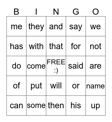 Sight Words Bingo Card