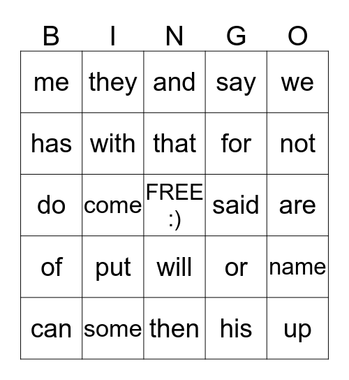 Sight Words Bingo Card