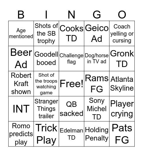 Super Bowl XLIII Bingo Card