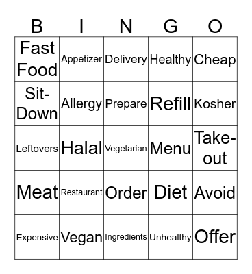 Restaurant Bingo Card